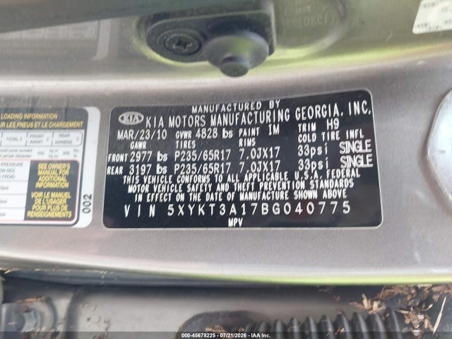 45678225 :رقم المزاد ، 5XYKT3A17BG040775 vin ، 2011 Kia Sorento Lx مزاد بيع