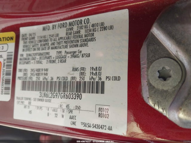 Продажа на аукционе авто 2016 Lincoln Mkz, vin: 3LN6L2G97GR603390, номер лота: 45678227