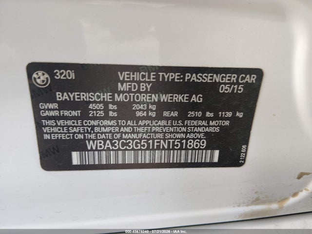 45678240 :رقم المزاد ، WBA3C3G51FNT51869 vin ، 2015 Bmw 320i Xdrive مزاد بيع