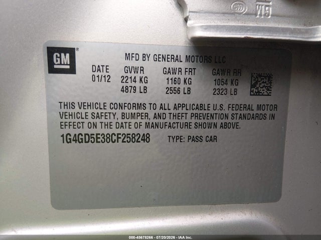 2012 Buick Lacrosse Premium 1 Group მანქანა იყიდება აუქციონზე, vin: 1G4GD5E38CF258248, აუქციონის ნომერი: 45678266