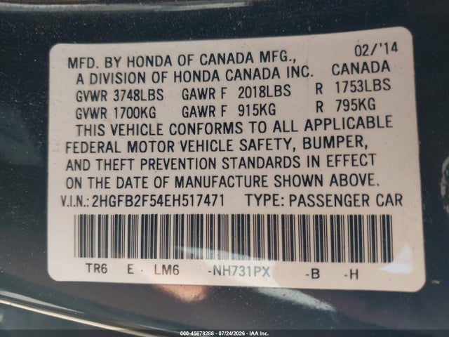 Honda Civic Lx 2014 2HGFB2F54EH517471 Image 9