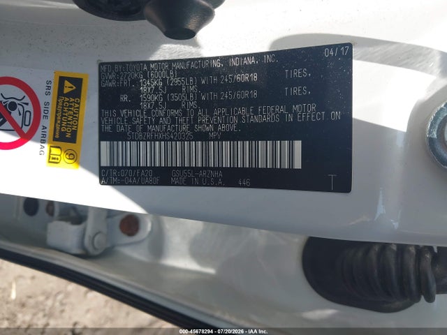 Продаж на аукціоні авто 2017 Toyota Highlander Le Plus, vin: 5TDBZRFHXHS420325, номер лоту: 45678294