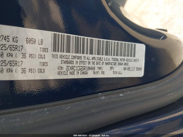 Продаж на аукціоні авто 2016 Chrysler Town & Country Touring-l Anniversary Edition, vin: 2C4RC1CG2GR104440, номер лоту: 45678331