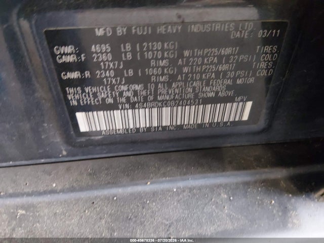 Aukcja sprzedaży 2011 Subaru Outback 3.6r Limited, vin: 4S4BRDKC0B2404531, numer aukcji: 45678336