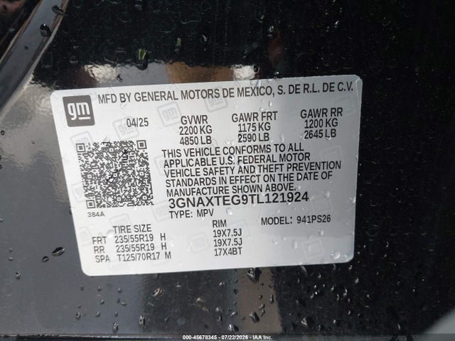 45678345 :رقم المزاد ، 3GNAXTEG9TL121924 vin ، 2026 Chevrolet Equinox Awd Rs مزاد بيع