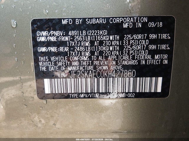 2019 Subaru Forester Premium მანქანა იყიდება აუქციონზე, vin: JF2SKAEC0KH427860, აუქციონის ნომერი: 45678351