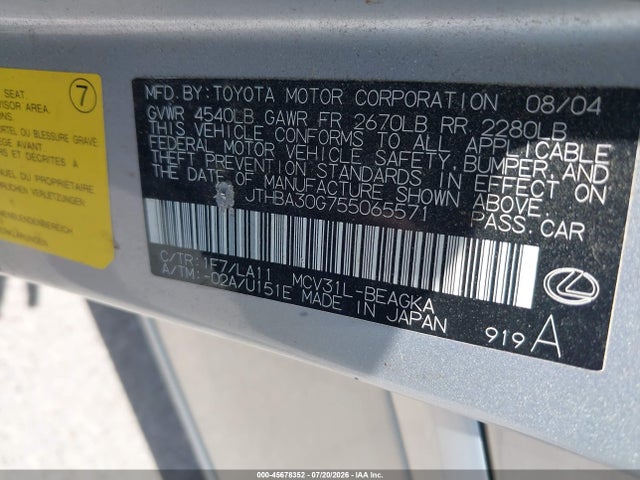 Продаж на аукціоні авто 2005 Lexus Es 330, vin: JTHBA30G755065571, номер лоту: 45678352