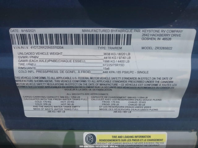 2022 Keystone Rv Zinger მანქანა იყიდება აუქციონზე, vin: 4YDTZRR25NS370204, აუქციონის ნომერი: 45678353