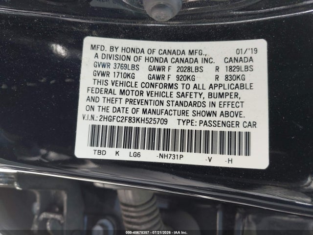 Honda Civic Sport 2019 2HGFC2F83KH525709 Image 9