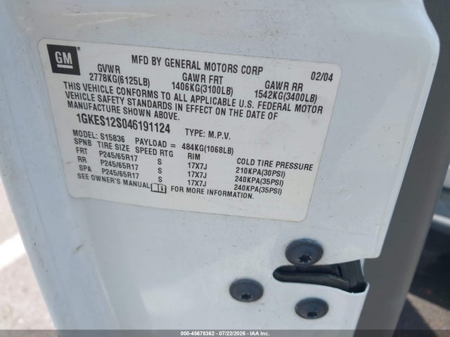 45678362 :رقم المزاد ، 1GKES12S046191124 vin ، 2004 Gmc Envoy Xuv Sle مزاد بيع