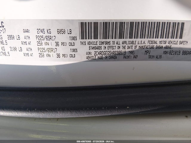 2017 Dodge Grand Caravan Gt მანქანა იყიდება აუქციონზე, vin: 2C4RDGEG5HR698519, აუქციონის ნომერი: 45678365