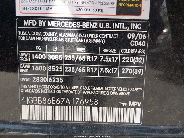 Aukcja sprzedaży 2007 Mercedes-benz Ml 350 4matic, vin: 4JGBB86E67A176958, numer aukcji: 45678368