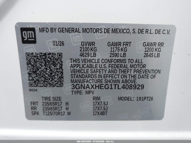 2026 Chevrolet Equinox Fwd Lt მანქანა იყიდება აუქციონზე, vin: 3GNAXHEG1TL408929, აუქციონის ნომერი: 45678380