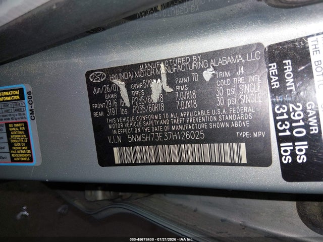 2007 Hyundai Santa Fe Limited/se მანქანა იყიდება აუქციონზე, vin: 5NMSH73E37H126025, აუქციონის ნომერი: 45678400