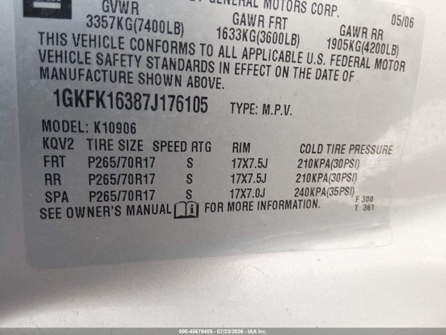 2007 Gmc Yukon Xl Slt მანქანა იყიდება აუქციონზე, vin: 1GKFK16387J176105, აუქციონის ნომერი: 45678405