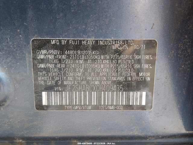 Продаж на аукціоні авто 2012 Subaru Forester 2.5x, vin: JF2SHABCXCH409435, номер лоту: 45678406