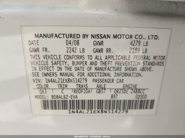 Продажа на аукционе авто 2008 Nissan Altima 2.5 S, vin: 1N4AL21EX8N514279, номер лота: 45678410