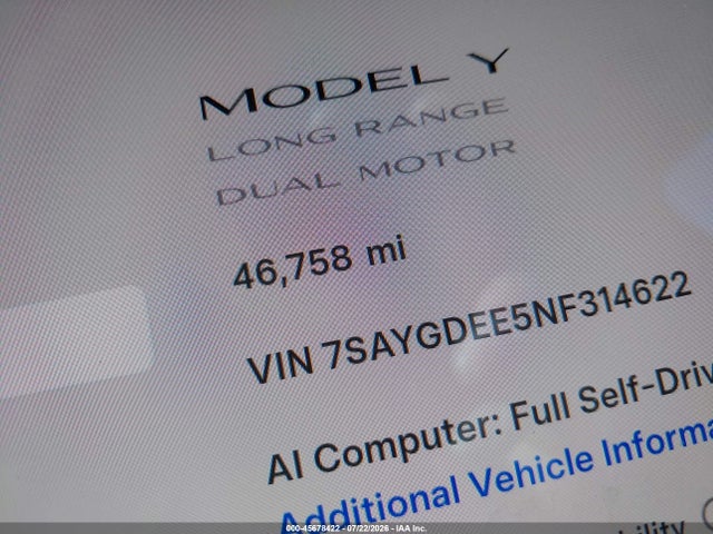 Auction sale of the 2022 Tesla Model Y Long Range Dual Motor All-wheel Drive, vin: 7SAYGDEE5NF314622, lot number: 45678422