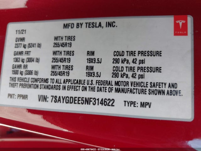 Auction sale of the 2022 Tesla Model Y Long Range Dual Motor All-wheel Drive, vin: 7SAYGDEE5NF314622, lot number: 45678422