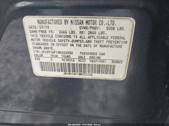 45678425 :رقم المزاد ، JN1BY1AP1BM324592 vin ، 2011 Infiniti M37 مزاد بيع