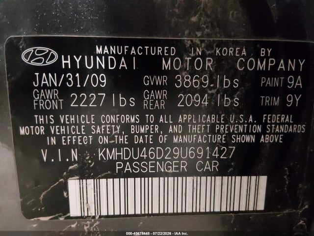 2009 Hyundai Elantra Gls მანქანა იყიდება აუქციონზე, vin: KMHDU46D29U691427, აუქციონის ნომერი: 45678448