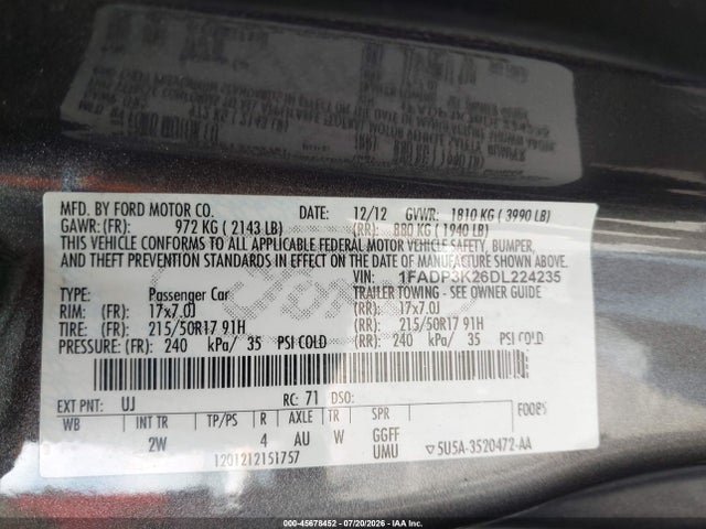 Продаж на аукціоні авто 2013 Ford Focus Se, vin: 1FADP3K26DL224235, номер лоту: 45678452