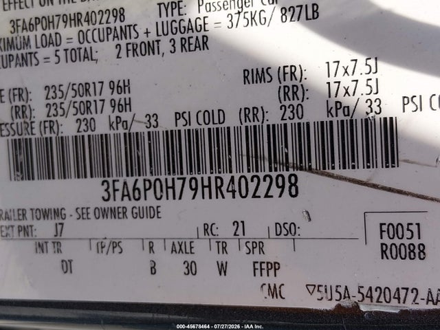 Продажа на аукционе авто 2017 Ford Fusion Se, vin: 3FA6P0H79HR402298, номер лота: 45678464