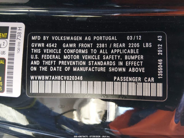 Aukcja sprzedaży 2012 Volkswagen Eos Komfort, vin: WVWBW7AH8CV020346, numer aukcji: 45678470