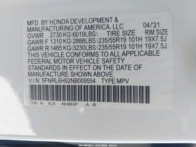 5FNRL6H92NB009554 Honda Odyssey Elite