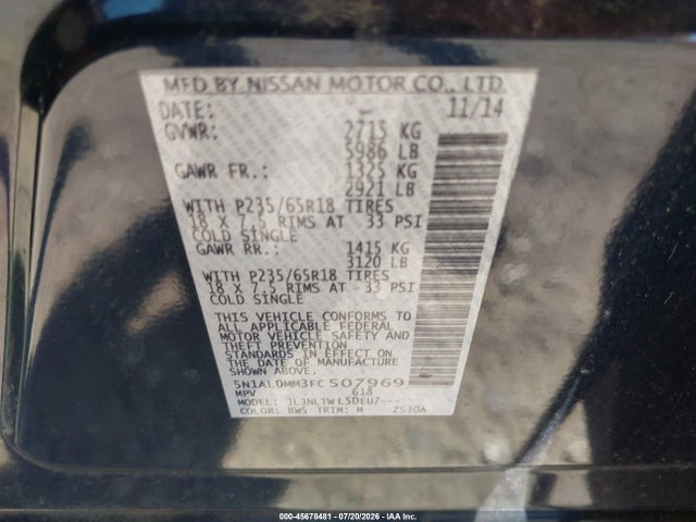 45678481 :رقم المزاد ، 5N1AL0MM3FC507969 vin ، 2015 Infiniti Qx60 مزاد بيع