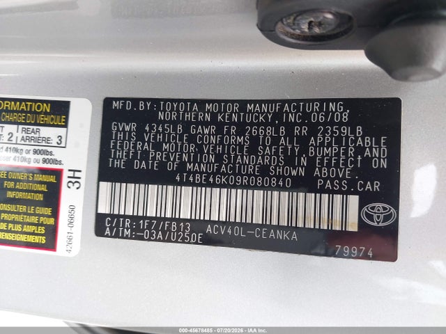 Auction sale of the 2009 Toyota Camry Le, vin: 4T4BE46K09R080840, lot number: 45678485