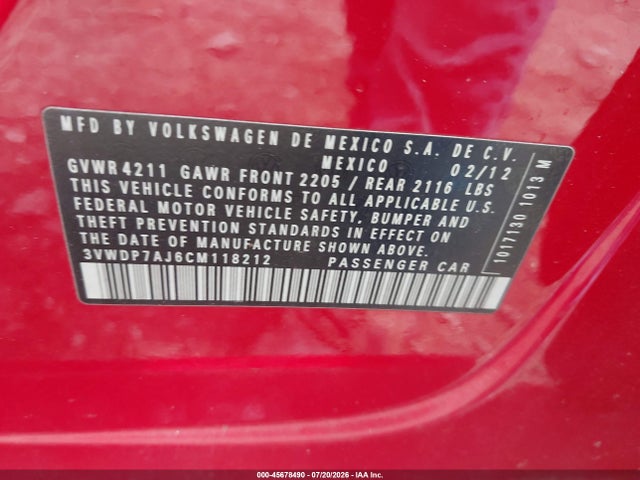 Aukcja sprzedaży 2012 Volkswagen Jetta 2.5l Se, vin: 3VWDP7AJ6CM118212, numer aukcji: 45678490