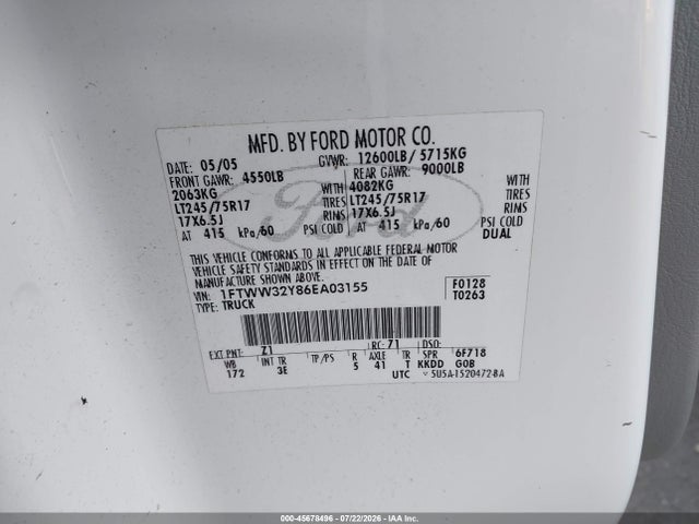 Aukcja sprzedaży 2006 Ford F-350 Lariat/xl/xlt, vin: 1FTWW32Y86EA03155, numer aukcji: 45678496