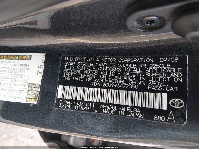 Продаж на аукціоні авто 2009 Toyota Prius, vin: JTDKB20U993472050, номер лоту: 45678497