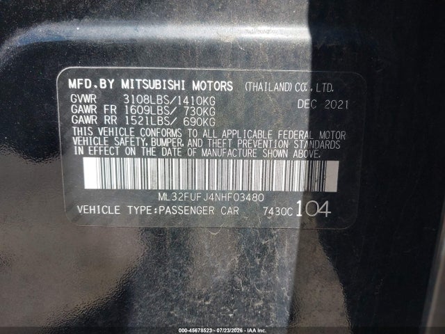 Aukcja sprzedaży 2022 Mitsubishi Mirage G4 Black Edition/es/le, vin: ML32FUFJ4NHF03480, numer aukcji: 45678523