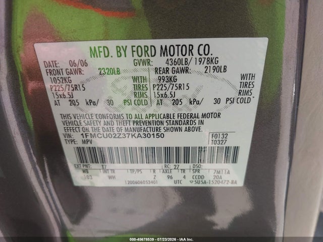 Продаж на аукціоні авто 2007 Ford Escape Xls/xls Manual, vin: 1FMCU02Z37KA30150, номер лоту: 45678539