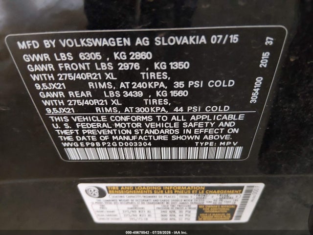 2016 Volkswagen Touareg Tdi Executive მანქანა იყიდება აუქციონზე, vin: WVGEP9BP2GD003304, აუქციონის ნომერი: 45678542