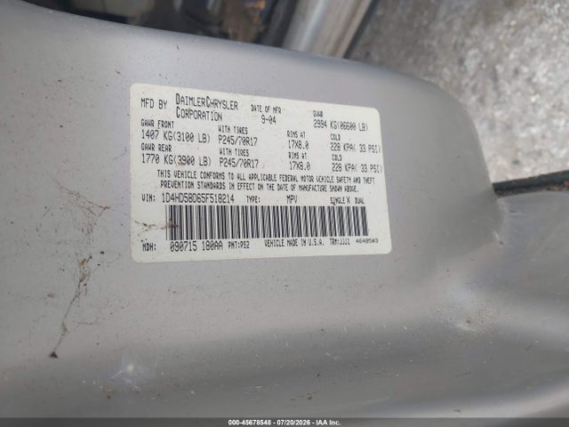 45678548 :رقم المزاد ، 1D4HD58D65F518214 vin ، 2005 Dodge Durango Limited مزاد بيع
