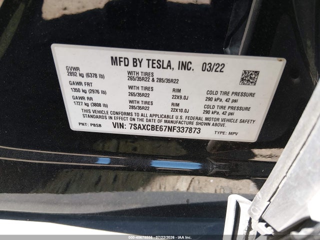 2022 Tesla Model X Plaid Tri Motor All-wheel Drive მანქანა იყიდება აუქციონზე, vin: 7SAXCBE67NF337873, აუქციონის ნომერი: 45678556