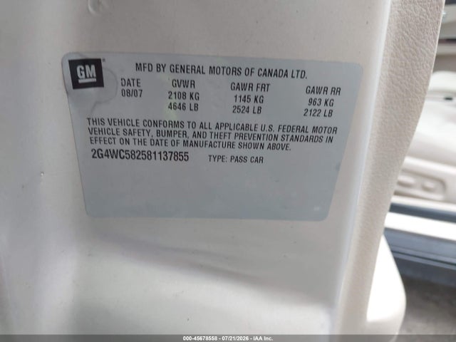 45678558 :رقم المزاد ، 2G4WC582581137855 vin ، 2008 Buick Lacrosse Cx مزاد بيع