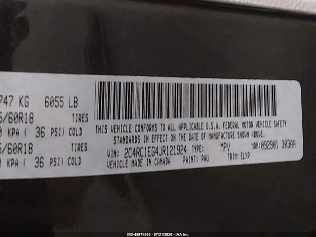 45678563 :رقم المزاد ، 2C4RC1EG4JR121924 vin ، 2018 Chrysler Pacifica Touring L Plus مزاد بيع
