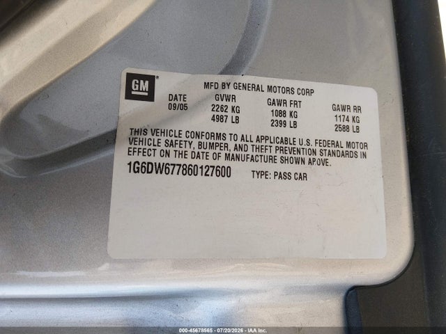 45678565 :رقم المزاد ، 1G6DW677860127600 vin ، 2006 Cadillac Sts V6 مزاد بيع