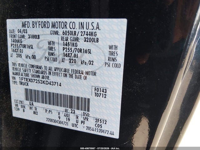 Aukcja sprzedaży 2003 Ford F-150 Xl/xlt, vin: 1FTRX07253KD43714, numer aukcji: 45678567
