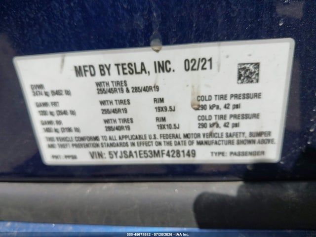 Продаж на аукціоні авто 2021 Tesla Model S Long Range Dual Motor All-wheel Drive, vin: 5YJSA1E53MF428149, номер лоту: 45678582