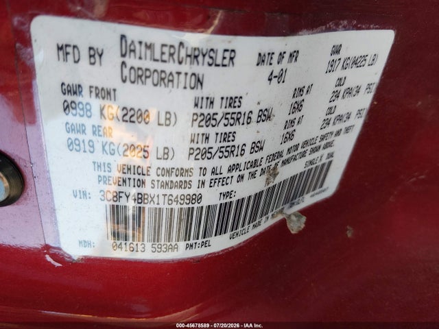 2001 Chrysler Pt Cruiser მანქანა იყიდება აუქციონზე, vin: 3C8FY4BBX1T649980, აუქციონის ნომერი: 45678589