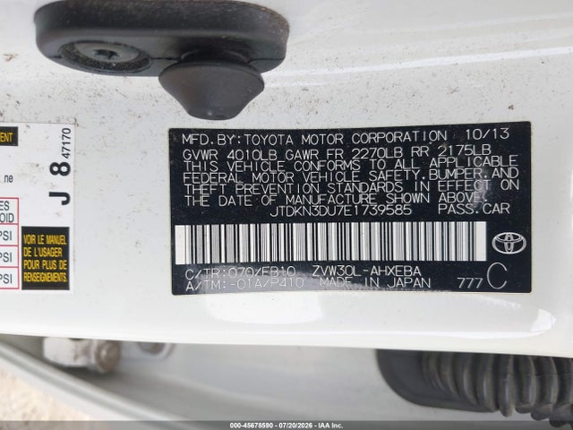 Toyota Prius Two 2014 JTDKN3DU7E1739585 Image 9