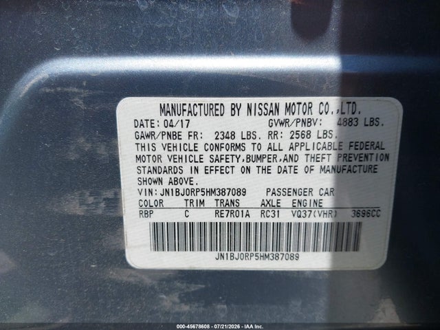 45678608 :رقم المزاد ، JN1BJ0RP5HM387089 vin ، 2017 Infiniti Qx50 مزاد بيع