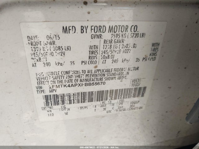 45678622 :رقم المزاد ، 2FMTK4APXFBB55670 vin ، 2015 Ford Edge Sport مزاد بيع