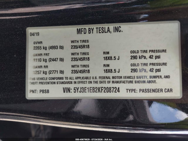 45678629 :رقم المزاد ، 5YJ3E1EB2KF208724 vin ، 2019 Tesla Model 3 Long Range/performance مزاد بيع