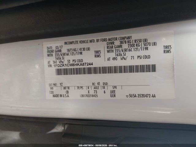 45678634 :رقم المزاد ، 1FDZK1CM8HKA87244 vin ، 2017 Ford Transit-150 Xlt مزاد بيع